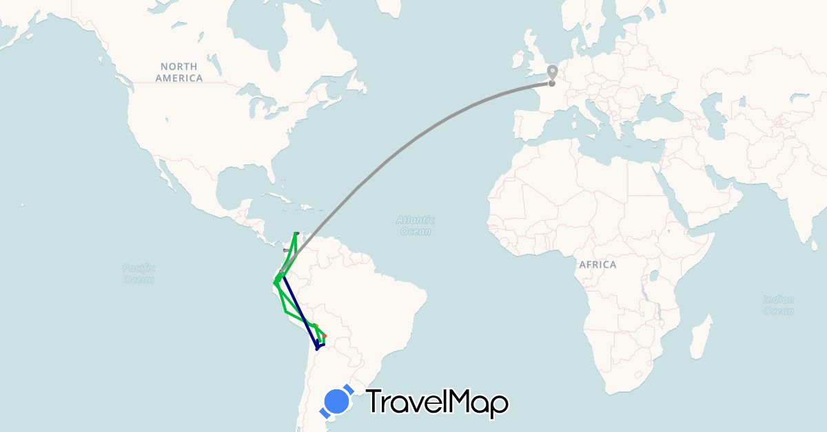 TravelMap itinerary: driving, bus, plane, hiking, boat, hitchhiking, motorbike in Bolivia, Colombia, Ecuador, France, Peru (Europe, South America)